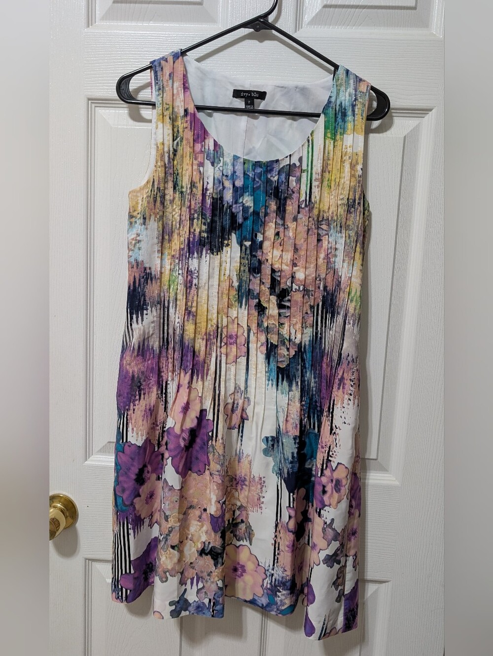 Ivy + Blu Multicolor Floral Pleated Midi Dress - Purple, Blue, Yellow Floral